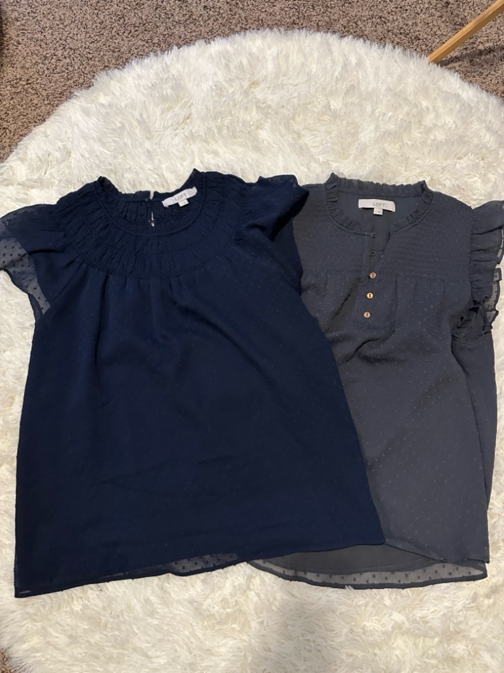 LOFT Navy and Charcoal Swiss Dot Puff Sleeve Tops